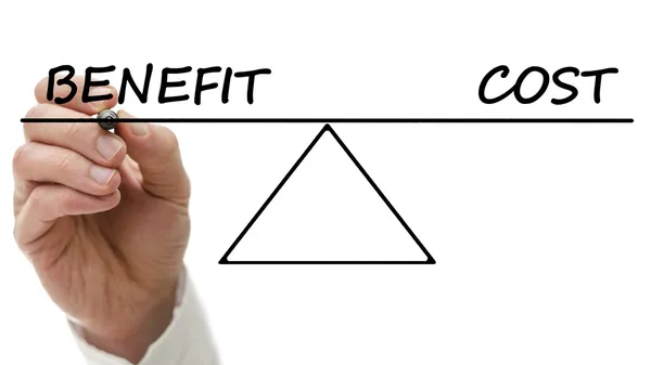 Diagram of a seesaw showing benefit and cost — Stock Photo, Image