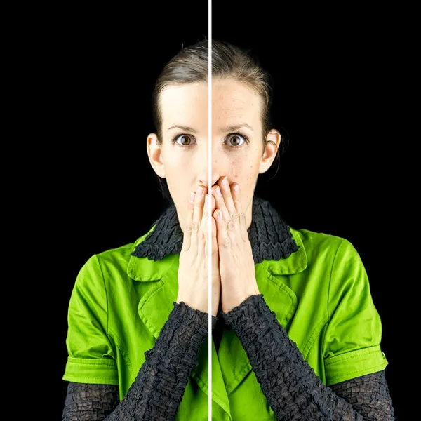 Woman looking horrified at the signs of ageing — Stock Photo, Image