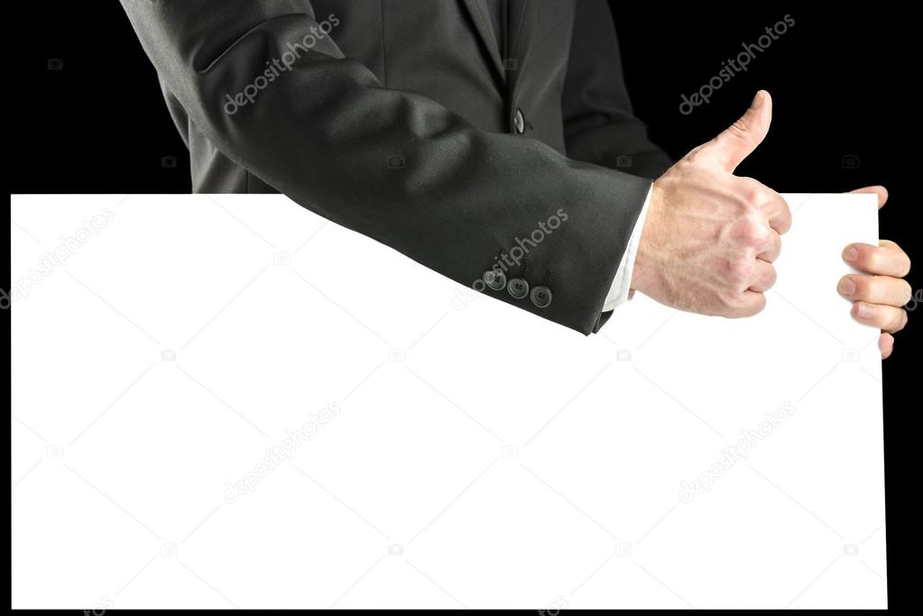 Businessmen with a blank sign giving a thumbs up