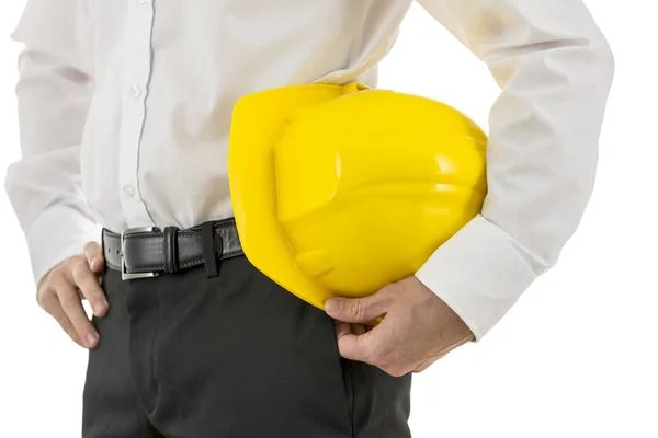 Uomo con un cappello duro giallo — Foto Stock