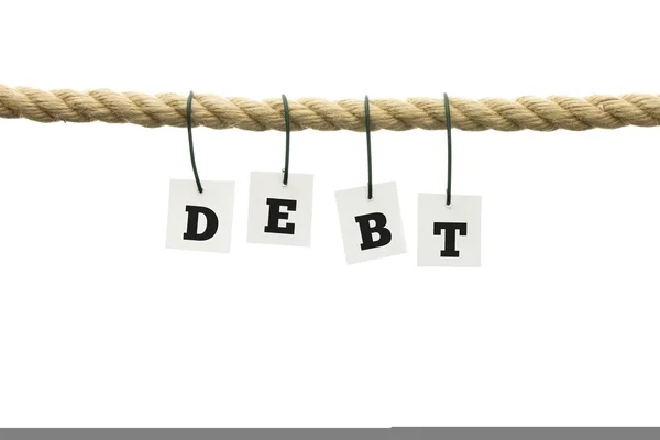 Word - Debt - in letters hanging from a rope — Stock Photo, Image