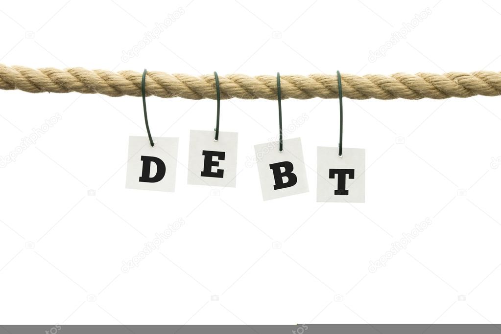 Word - Debt - in letters hanging from a rope