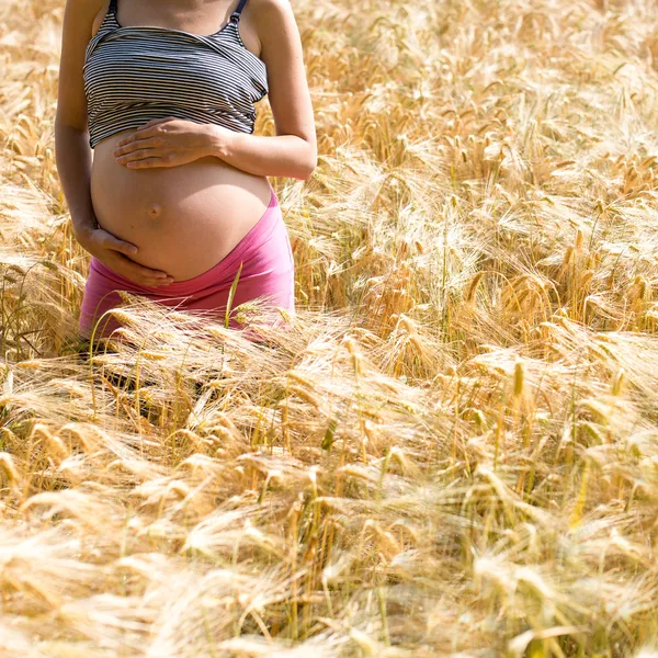 Zwangere vrouw op een gebied van gouden tarwe — Stockfoto