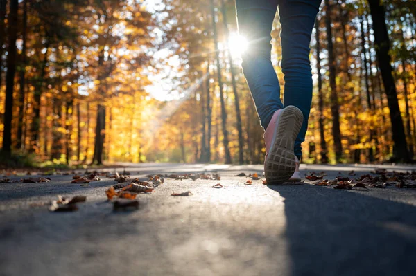 Vista Ángulo Bajo Paso Las Mujeres Mientras Camina Camino Bordeado — Foto de Stock