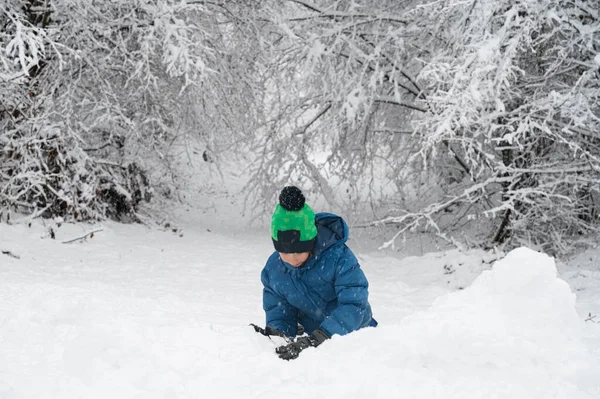 Menino Terno Inverno Jogando Neve Fora Uma Bela Natureza Nevada — Fotografia de Stock