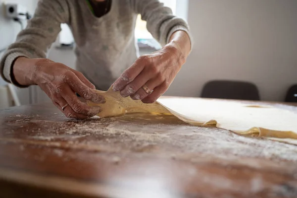 Low Angle View Woman Rolling Pulling Homemade Pastry Dough Home — Fotografia de Stock