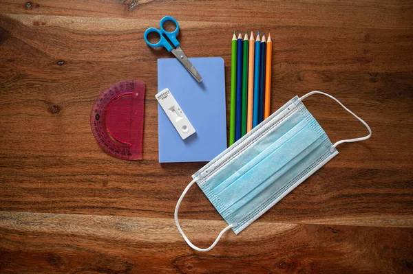 Top View School Stationary Pencils Notebook Ruler Scissors Medical Protective — Fotografia de Stock
