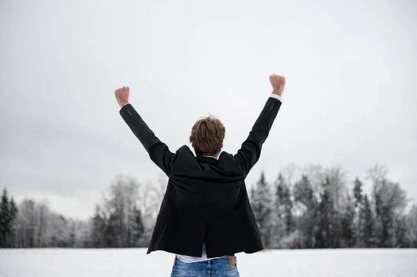 View Young Man Business Jacket Standing Snowy Nature His Arms — Stok fotoğraf