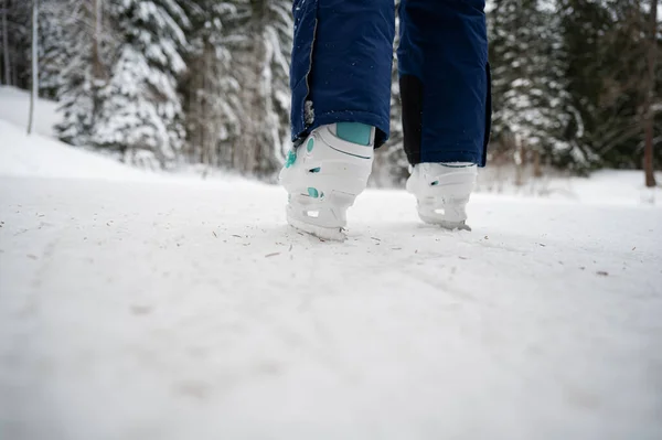 Low Angle View Child Ice Skating Natural Ice Snowy Winter — Stock Photo, Image