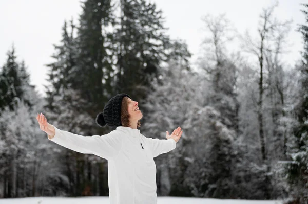 Happy Peaceful Young Woman Standing Snowy Winter Nature Enjoying Life — Stock Photo, Image