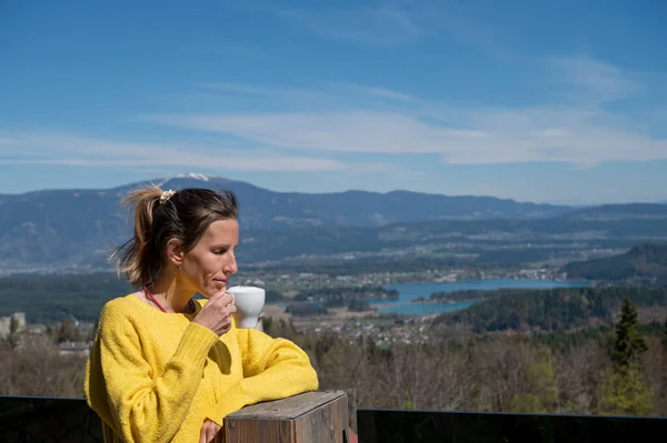Young Woman Bright Yellow Sweater Drinking Coffee Enjoyment Terrace Beautiful — Stock Photo, Image