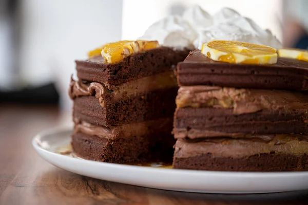 Vista Cerca Deliciosa Torta Chocolate Naranja Vegana Hecha Casa Con —  Fotos de Stock