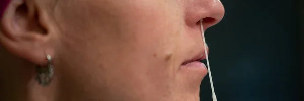 Closeup View Woman Taking Nasal Sample Cotton Swab Coronavirus Self — Stock Photo, Image