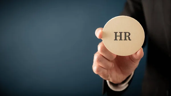 Closeup View Businessman Employer Holding Wooden Cut Circle Wit Sign — Foto Stock