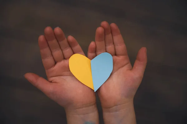 Blue Yellow Coloured Paper Cut Heart Palms Child Conceptual Image — Fotografia de Stock