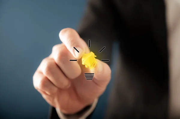 Hand Businessman Creating Light Bulb Icon Virtual Interface Conceptual Image — Foto de Stock
