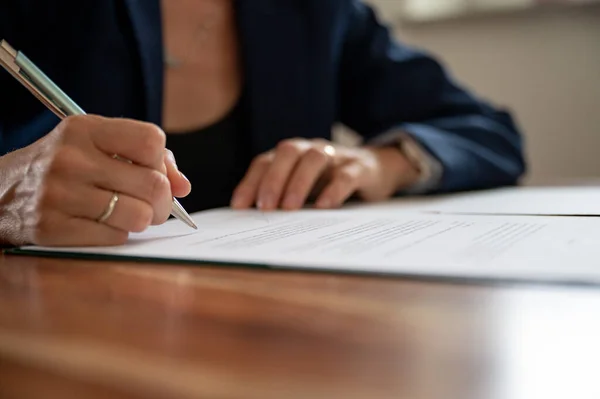 Low Angle Closeup View Businesswoman Signing Document Contract — Photo