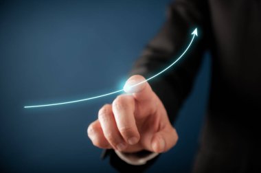 Business presentation with a glowing arrow diagram pointing upwards on a virtual interface. Over blue background. 
