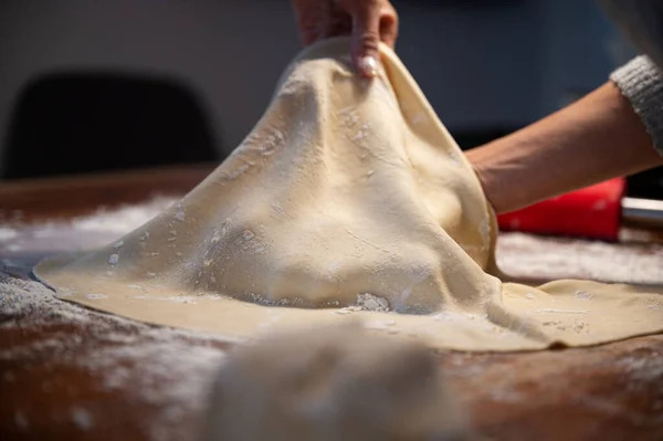 Low Angle Closeup View Woman Stretching Pulling Homemade Vegan Pastry — Fotografia de Stock