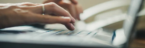 Low Angle Closeup View Female Hands Typing Laptop Computer Keyboard — Φωτογραφία Αρχείου