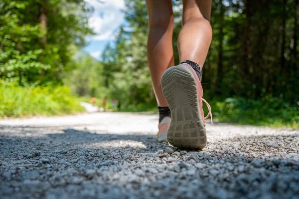 Low Angle View Sole Shoe Caucasian Female Walking Hiking Path — Zdjęcie stockowe