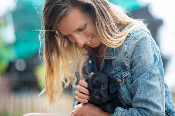 Mladá Žena Mazlení Roztomilý Čistokrevný Černý Labrador Retrívr Štěně — Stock fotografie