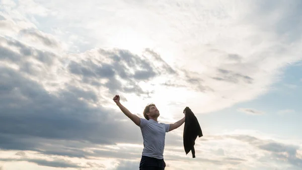 Proud Young Man Standing Cloudy Evening Sky Celebrating His Life — Stockfoto