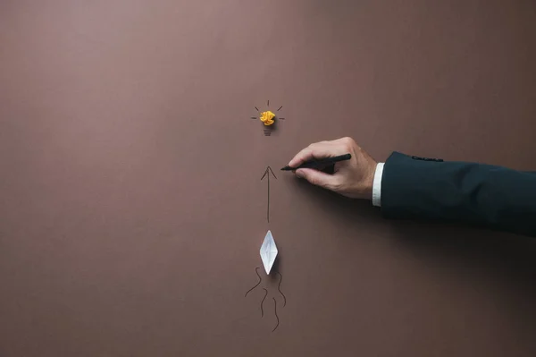 Businessman Drawing Arrow Lightbulb Origami Made Paper Boat Follow Conceptual — Stock Fotó