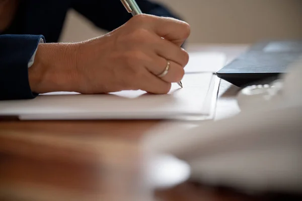 Low Angle Closeup View Caucasian Businesswoman Lawyer Writing Report Document — Foto de Stock