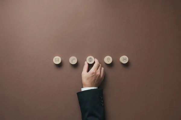 Top View Hand Businessman Positioning Wooden Cut Circles Contact Communication — Foto Stock
