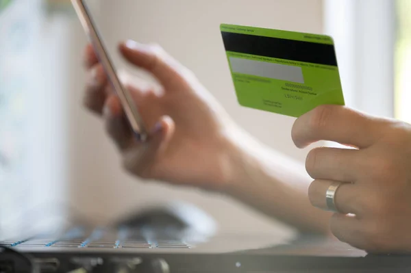 Closeup View Woman Holding Her Credit Card One Hand Her — 图库照片