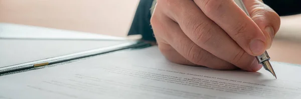 Wide View Image Male Caucasian Businessman Signing Document Contract Ink — Stockfoto