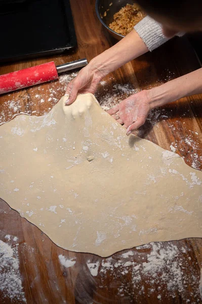 View Woman Pulling Stretching Homemade Pastry Dough Strudel Pie Flour — Fotografia de Stock