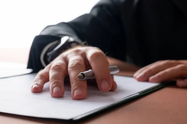 Low Angle Closeup View Businessman Holding Pen Proofreading Contract Document — Stock Photo, Image