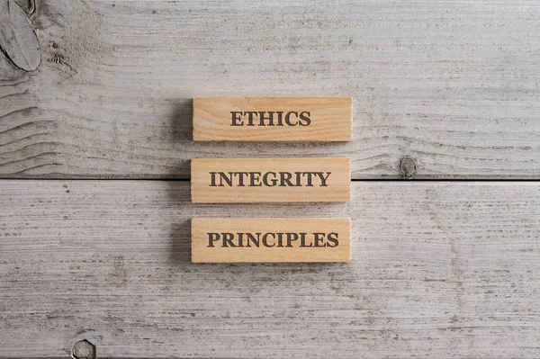 Words Ethics Integrity Principles Written Three Stacked Wooden Blocks Placed — Stock Photo, Image