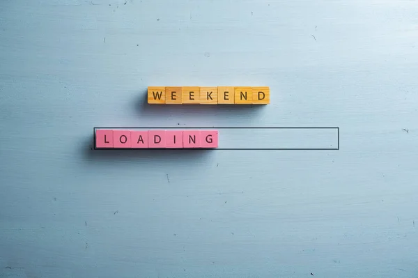 Weekend Loading Sign Spelled Pink Brown Wooden Blocks Loading Bar — Stock Photo, Image