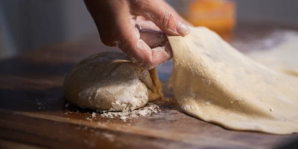 Low Angle Closeup View Female Hands Stretching Pulling Homemade Vegan — Stock Photo, Image