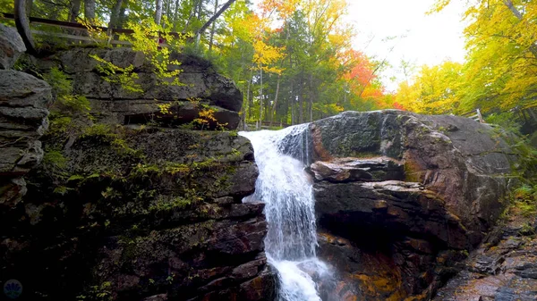 Küçük şelale. Plitvice göllerindeki sisli şelalede inanılmaz manzara. Arka planda turuncu sonbahar ormanı. Plitvice Ulusal Parkı, Hırvatistan. Peyzaj fotoğrafçılığı