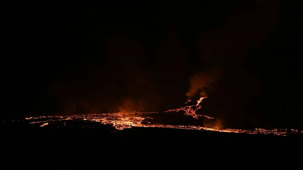 Lava Der Nacht Lavaströme Auf Aktivem Vulkan Luftbild Mount Fagradalsfjall Stockbild