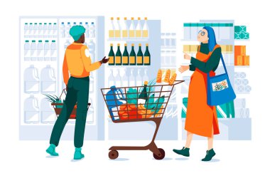 Markette iki kız, yük arabası dolusu şarapla şarap seçiyorlar. Vitrinler, buzdolabı, raflar dolusu ürün, tahta kutular dolusu sebze ve meyve. Düz vektör illüstrasyonu