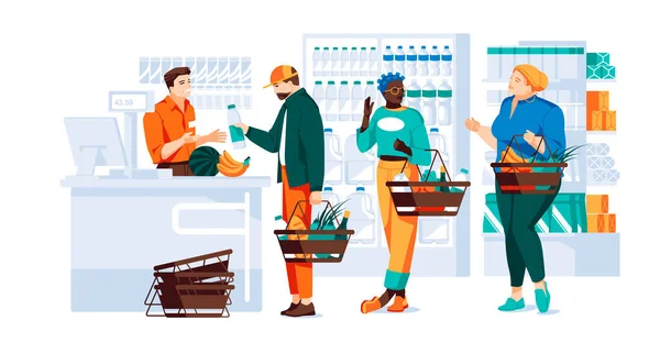 Different People Baskets Shopping Grocery Store People Cash Register Cashier — Stock Vector
