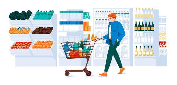 Guy Trolley Supermarket Showcases Refrigerator Shelves Goods Wooden Boxes Vegetables — Stock Vector
