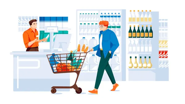 Guy Trolley Full Goods Supermarket Cash Register Interior Supermarket Showcases — Stock Vector