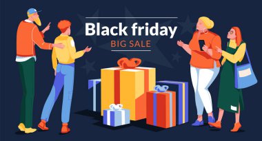 Kara Cuma reklam tanıtım konsepti. Farklı insanlar büyük bir hediye yığınının yanında duruyor ve reklam metnini işaret ediyorlar. düz çizgi film vektör çizimi 