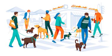 Vatandaşlar şehirde köpeklerle yürüyor. Megalopolis 'te trafik yoğun. Şehir kafesi ve ön dükkan. Modern şehir manzarasının renkli düz çizgi film vektör çizimi