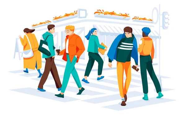 Emberek Átkelnek Úton Sétányon Polgárok Sétálnak Utcán Városban Forgalmas Forgalom — Stock Vector