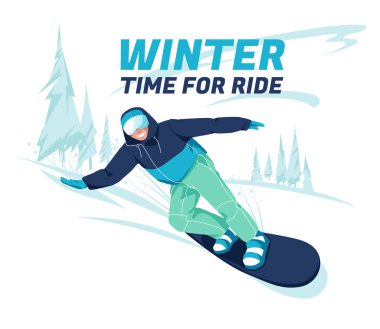 Karlı dağ yamaçlarında veya yamaçlarda snowboardcuların biniş sahnesi. Kış kıyafetli mutlu genç adam snowboardla kayıyor ve zıplıyor. Açık hava sporları aktivitesi. Renkli düz vektör illüstrasyonu