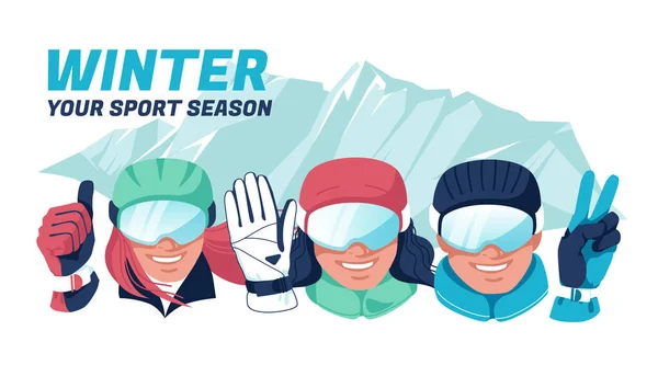 Les Personnages Différentes Personnes Heureuses Habillées Équipement Ski Montrent Des — Image vectorielle