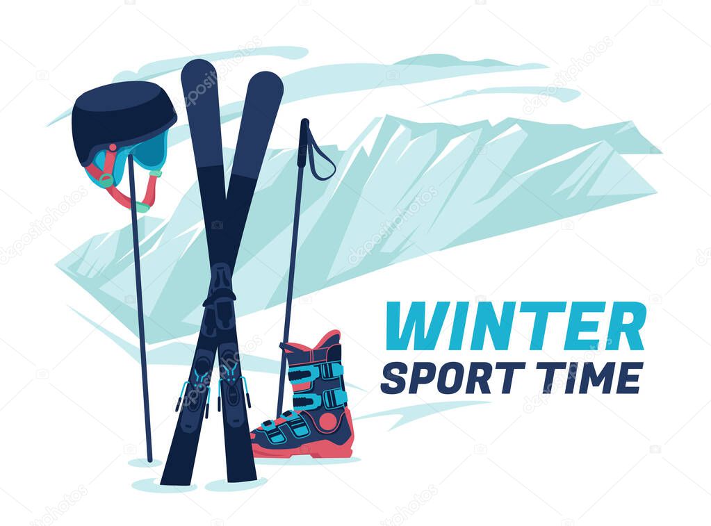 Ski equipment, Alps, snow, mountains panoramic background, flat vector illustration. Ski resort season is open. Winter web banner design. Ski, ski poles, helmet, ski boots standing in snow.