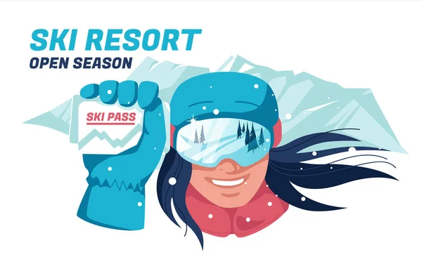 Retrato Mulher Atleta Esqui Sorrindo Equipamentos Esportes Inverno Quem Segura — Vetor de Stock